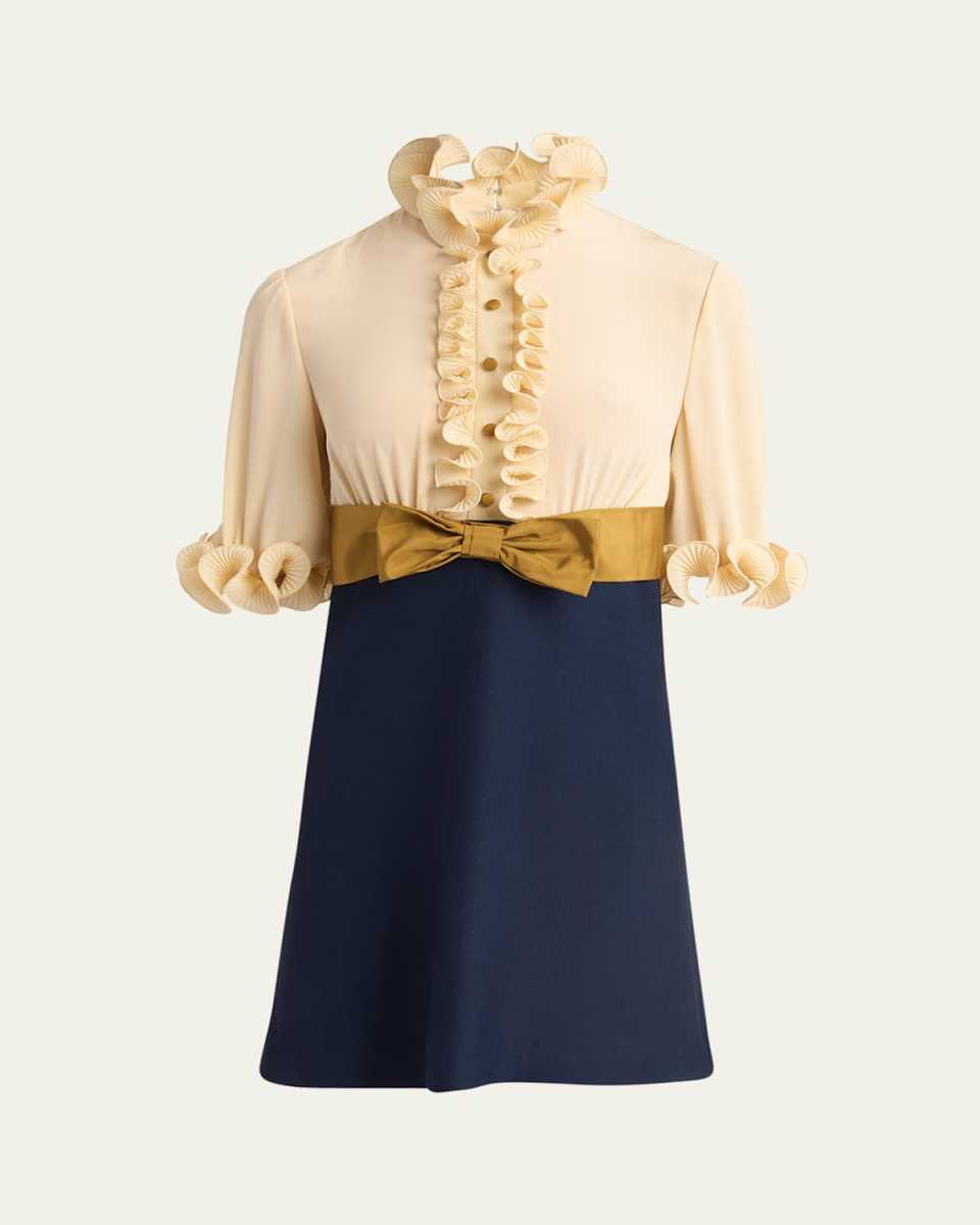 Colorblock High Neck Ruffle Mini Dress with Bow Detail